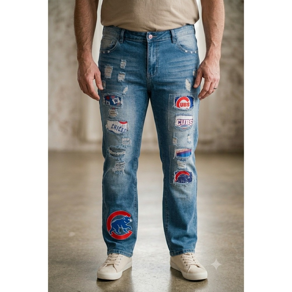 Chicago Cubs MLB Distressed Patch Denim Jeans Unisex Blue Fan Gear 41x32 Sports